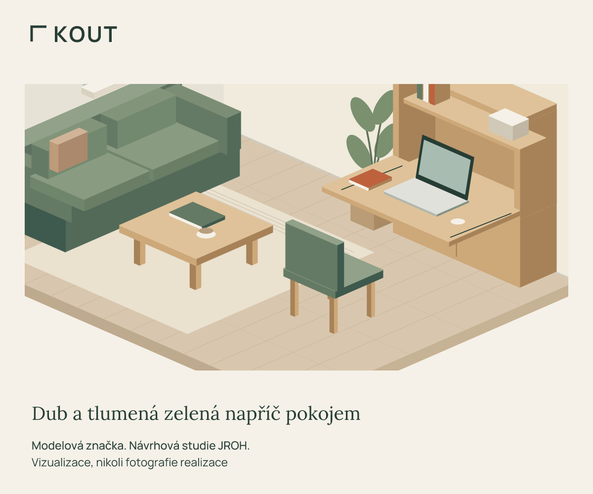 Materiálový detail dubových a zelených prvků téhož pokoje
